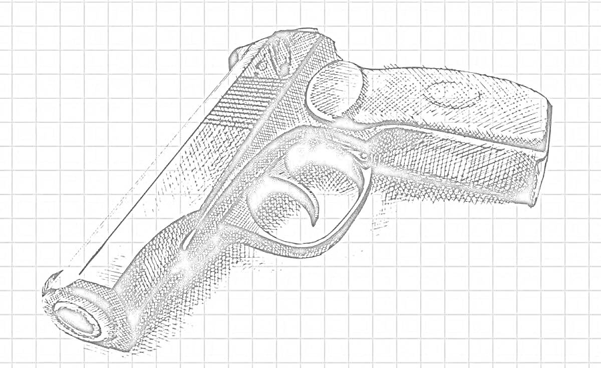Раскраска Пистолет Макарова на клетчатом фоне в черно-белом исполнении