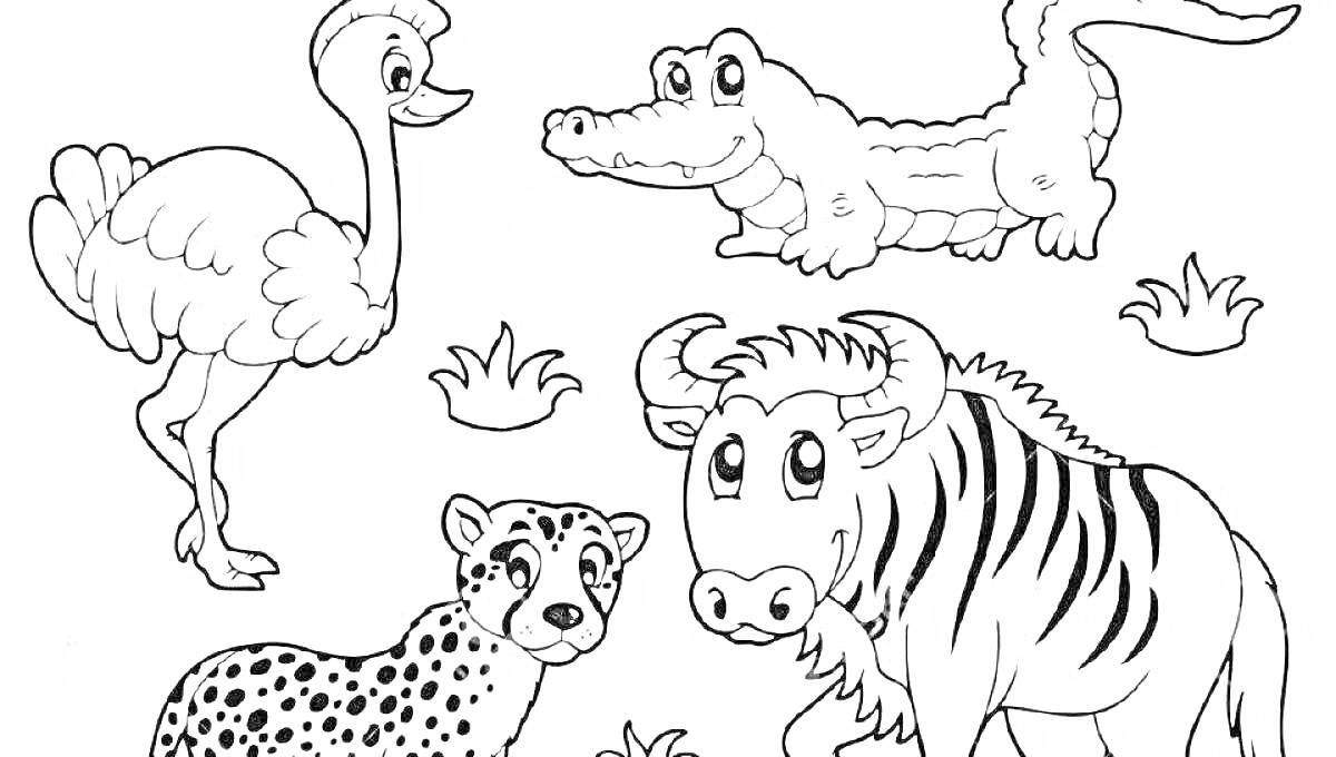 На раскраске изображено: Саванна, Страус, Крокодил, Гепард, Трава, Животные