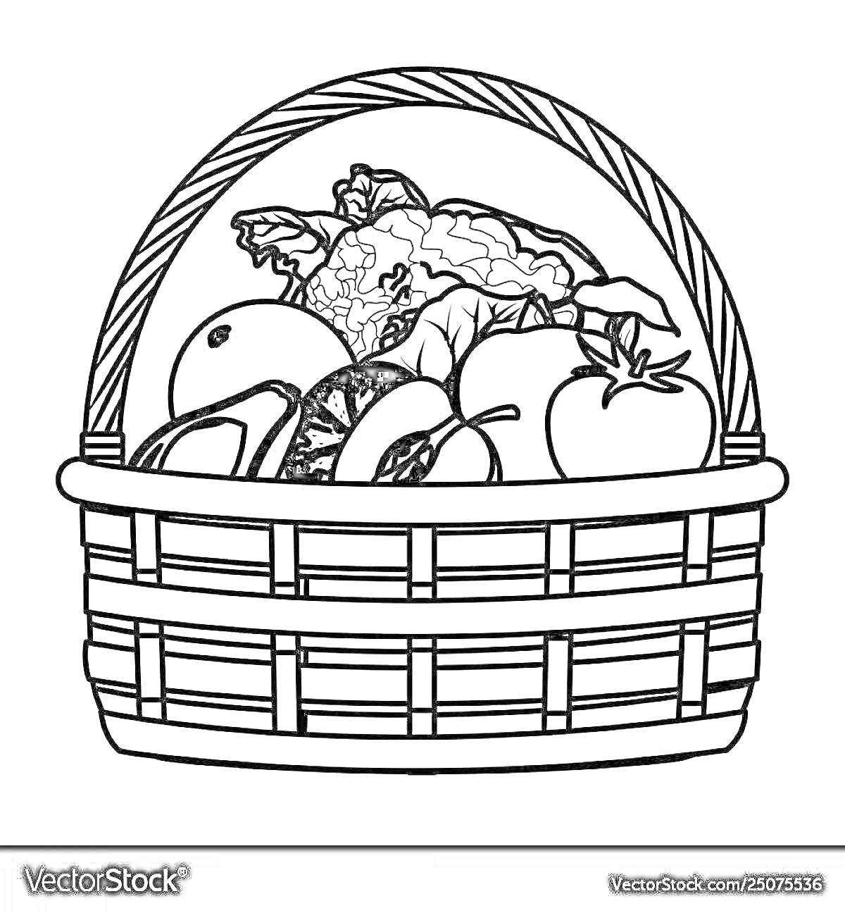 На раскраске изображено: Корзина, Овощи, Фрукты, Апельсин, Перец, Виноград, Капуста, Еда