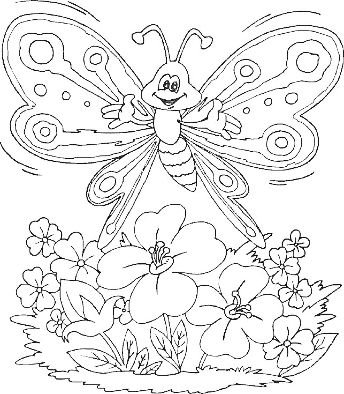 На раскраске изображено: Бабочка, Цветы, Луг, Трава, Листва, Природа, Насекомое, Контурное изображение