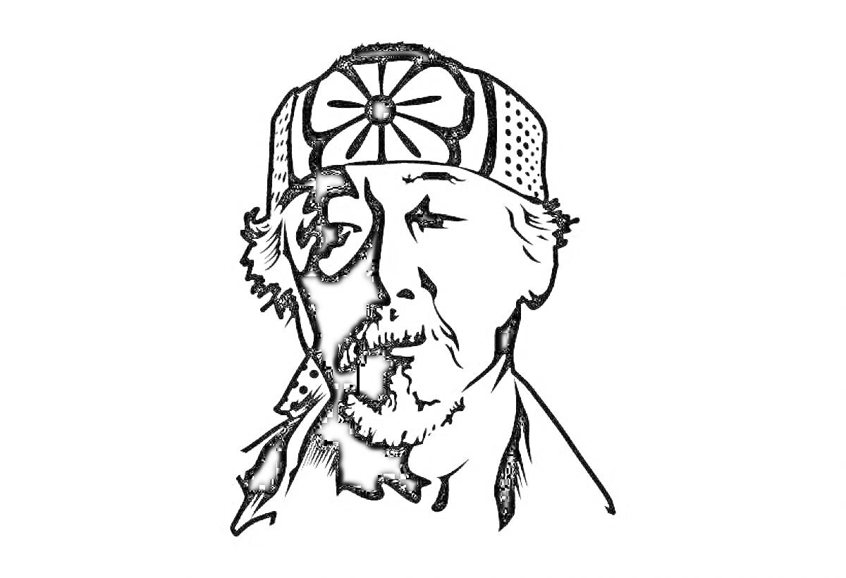 Раскраска Портрет бородатого мужчины в повязке на голову с узором, черно-белое изображение