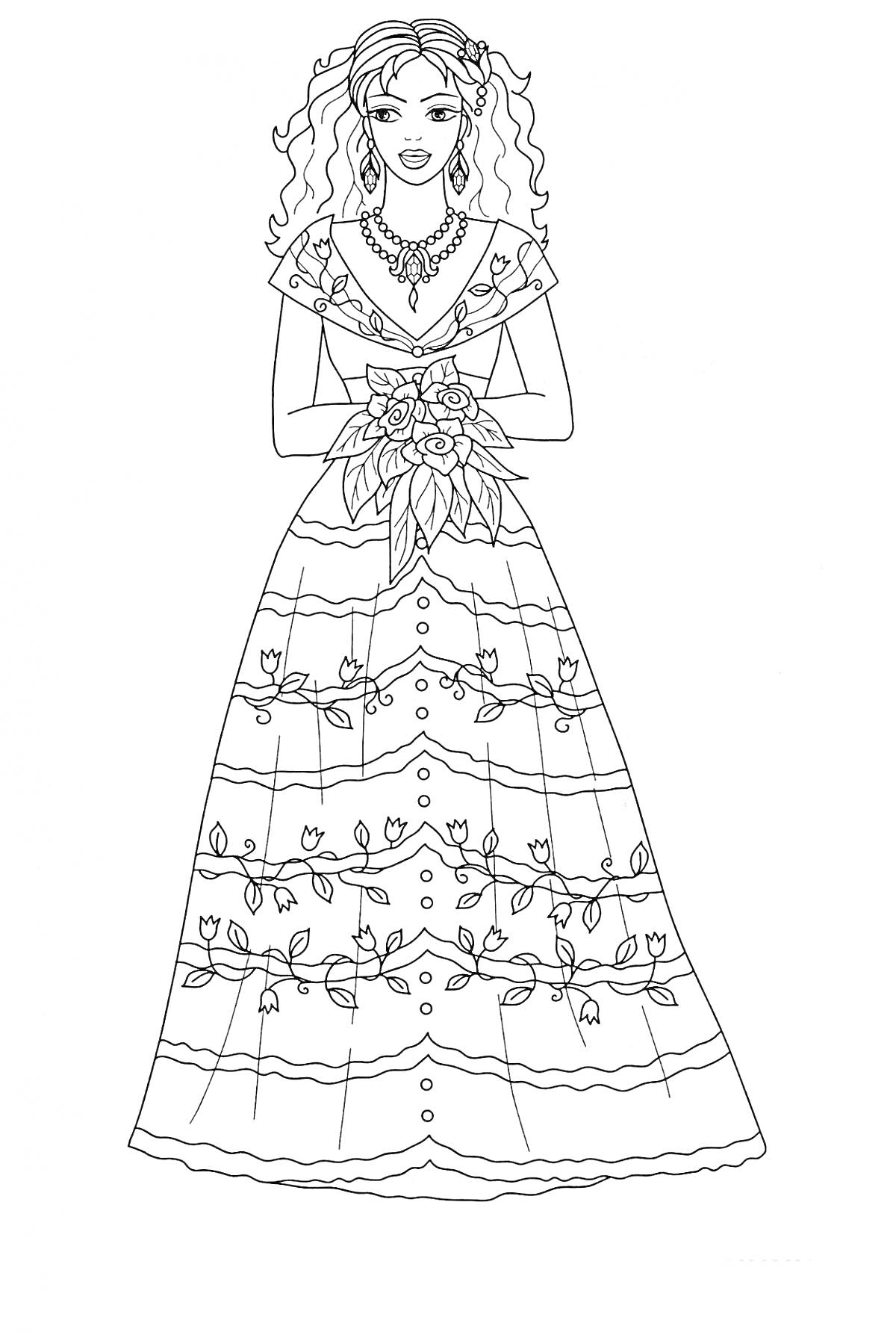 Раскраска Принцесса с длинными вьющимися волосами в платье с узором из цветов, держащая букет