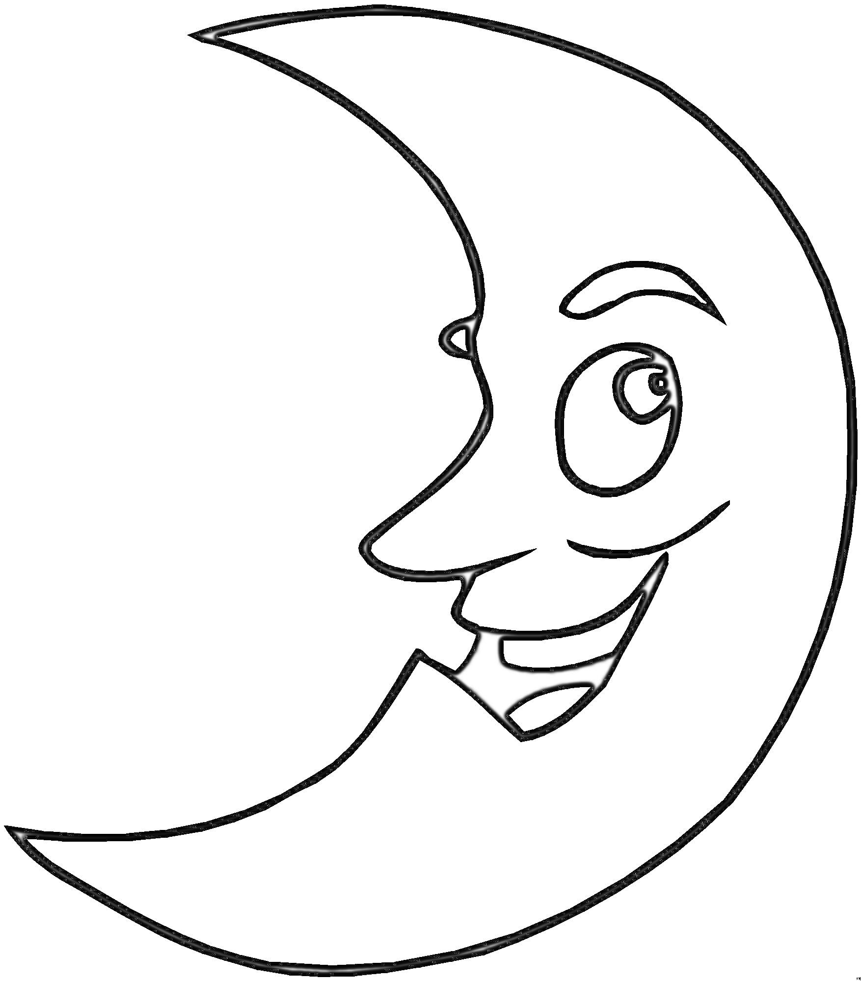 На раскраске изображено: Месяц, Улыбка, Лицо, Луна, Из мультфильмов