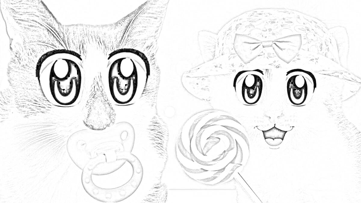 Раскраска Коты с соской и леденцом, в шляпе с бантом