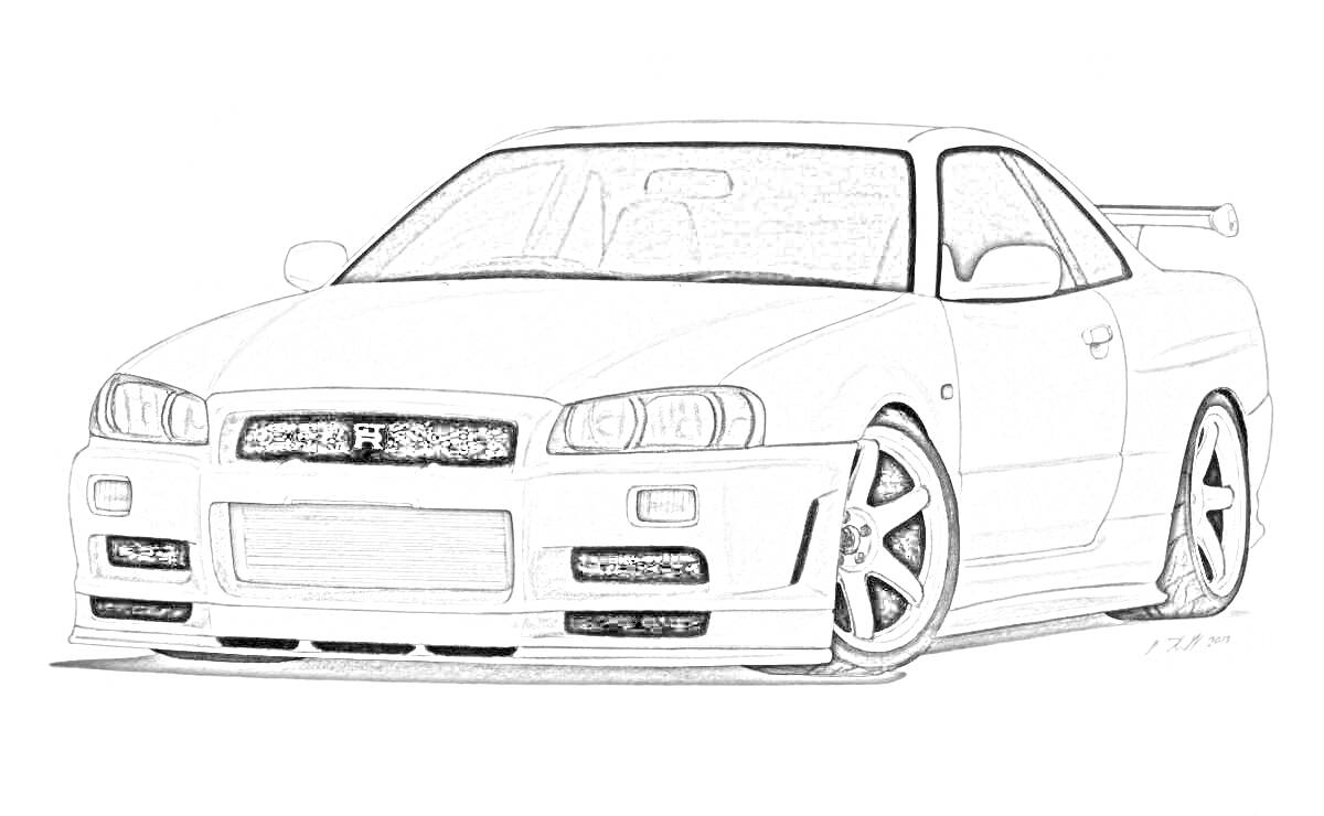 Раскраска Nissan Skyline R34 с передним бампером, фарами, капотом, боковыми зеркалами, дверями, колёсами, спойлером и лобовым стеклом