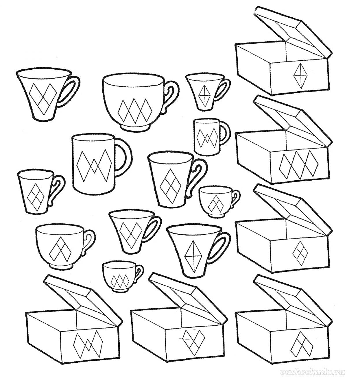 Раскраска Найди пару: кружки и коробки с ромбовидным узором