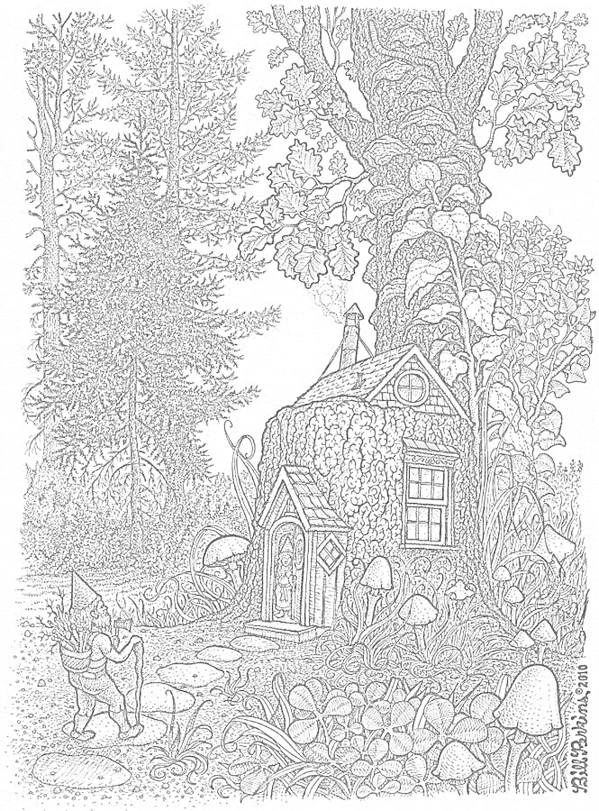 Раскраска Домик эльфа у дерева в лесу с грибами