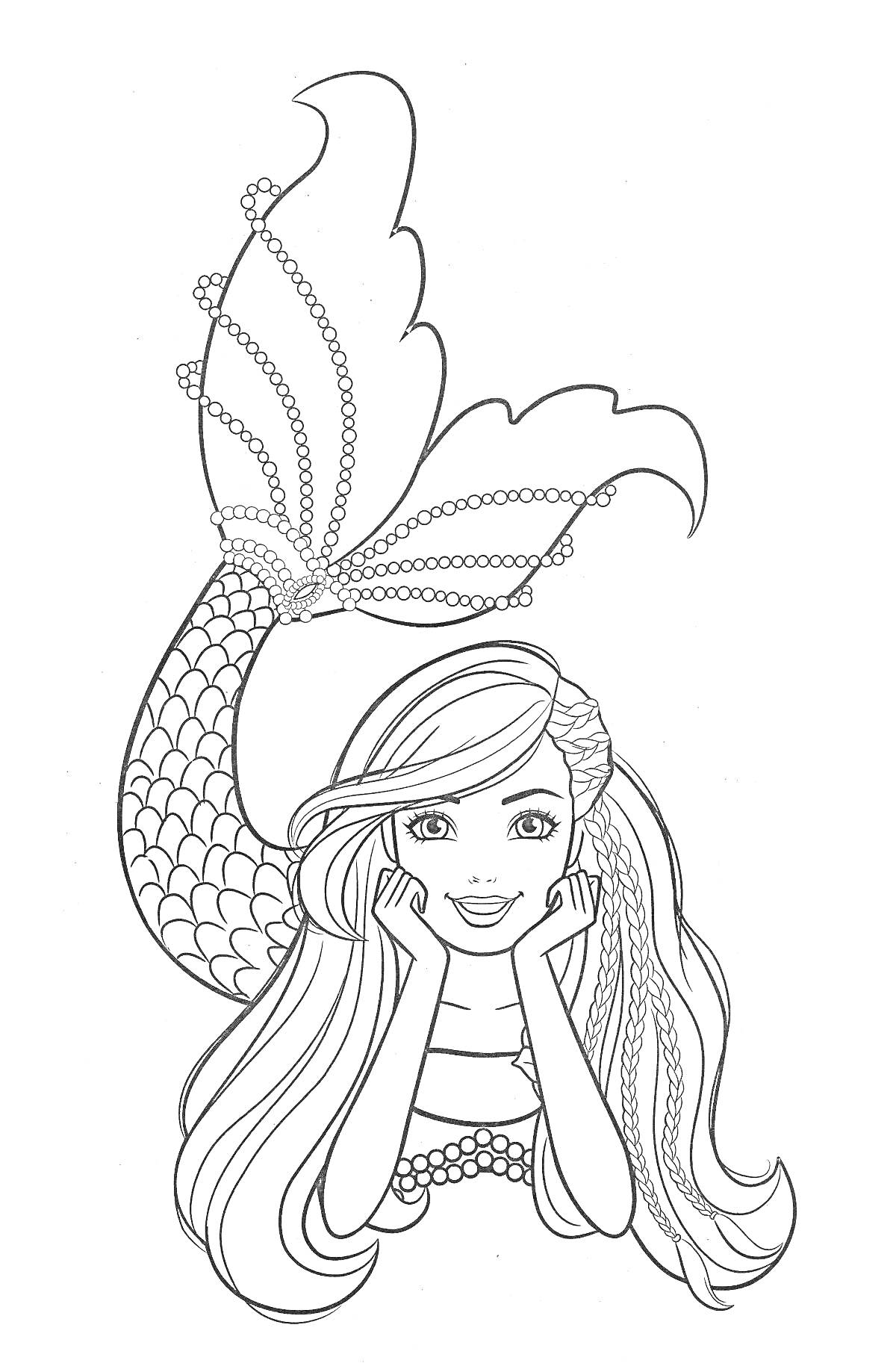Раскраска Барби-русалка с длинными волосами, хвост с узорами, поддерживает лицо руками