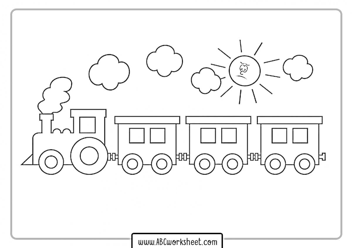 Раскраска Паровозик с вагонами, облаками и солнцем