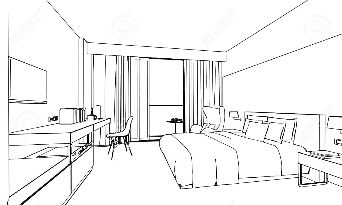 На раскраске изображено: Спальня, Лампа, Шторы, Письменный стол, Стул, Телевизор, Комната