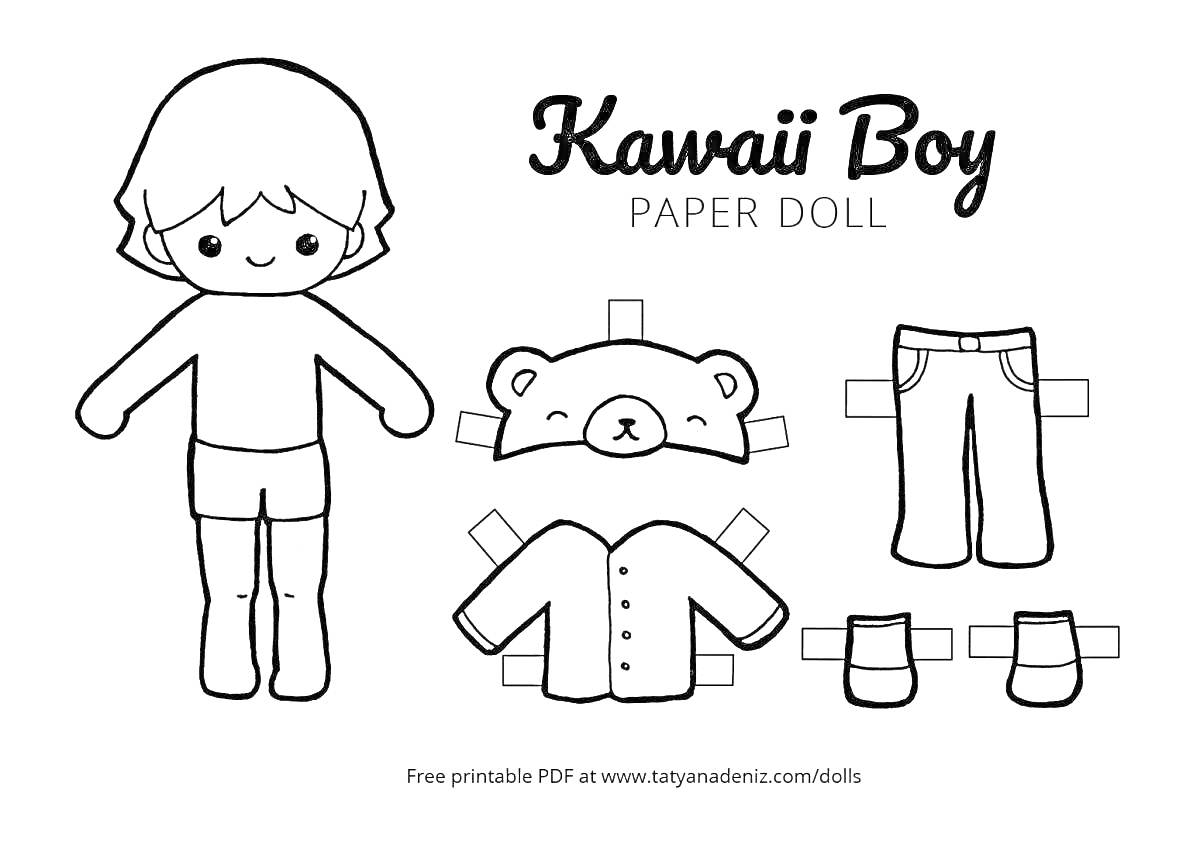 Раскраска Бумажная кукла Kawaii Boy с одеждой (медвежья шапка, рубашка, штаны, обувь)