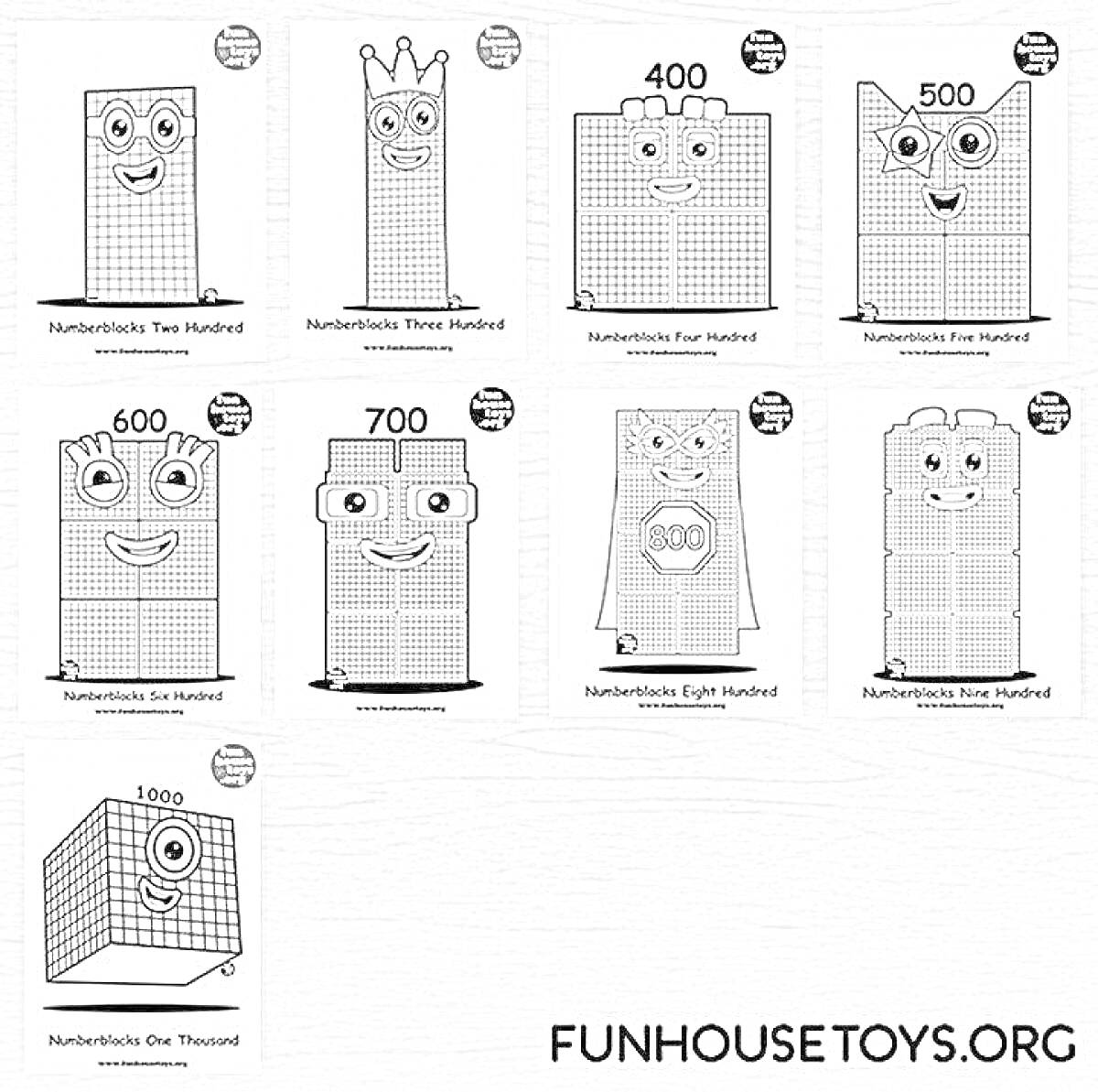 Раскраска Numberblocks Two Hundred, Three Hundred, Four Hundred, Five Hundred, Six Hundred, Seven Hundred, Eight Hundred, One Thousand