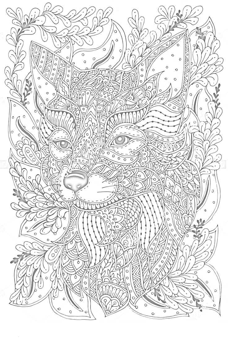 Раскраска Волк в лесу с узорными элементами и орнаментами