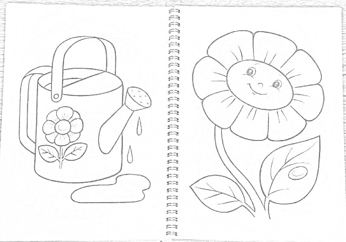 На раскраске изображено: Лейка, Садоводство, Вода, Листья, Улыбающиеся цветы