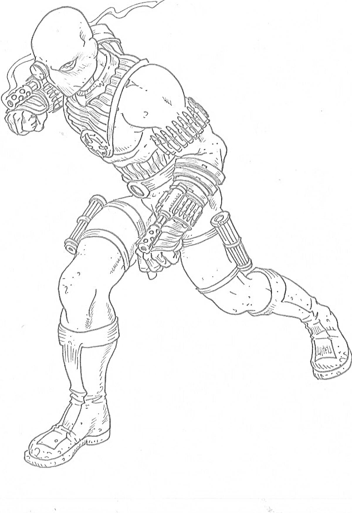Раскраска Человек в костюме с маской, вооруженный ножами и пистолетами