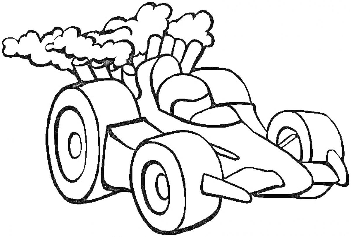 На раскраске изображено: Выхлопные трубы, Дым, Для детей, Транспорт, Авто, Гоночный автомобиль