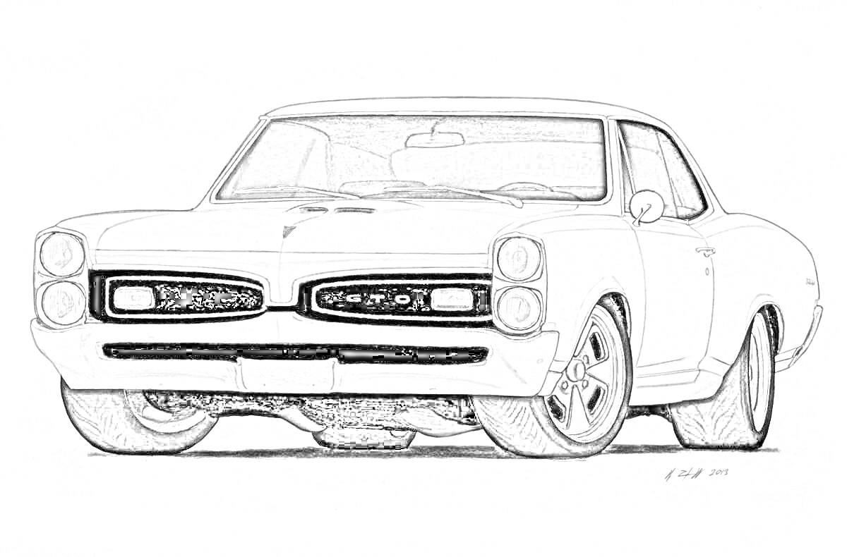 Рисунок классического Pontiac GTO, вид спереди, две круглые фары, решетка радиатора, логотип GTO, видно часть колес и боковые линии автомобиля