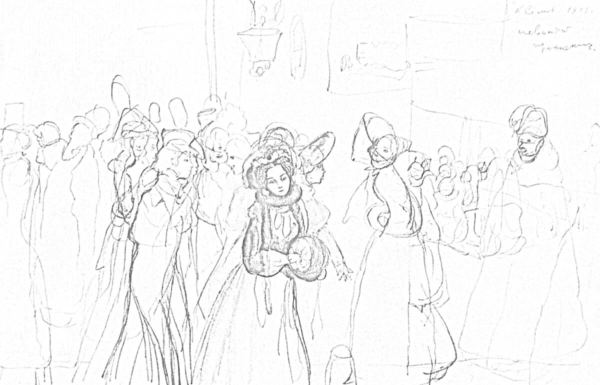 На раскраске изображено: Толпа, Женщина, XIX век, Литература, Историческое искусство