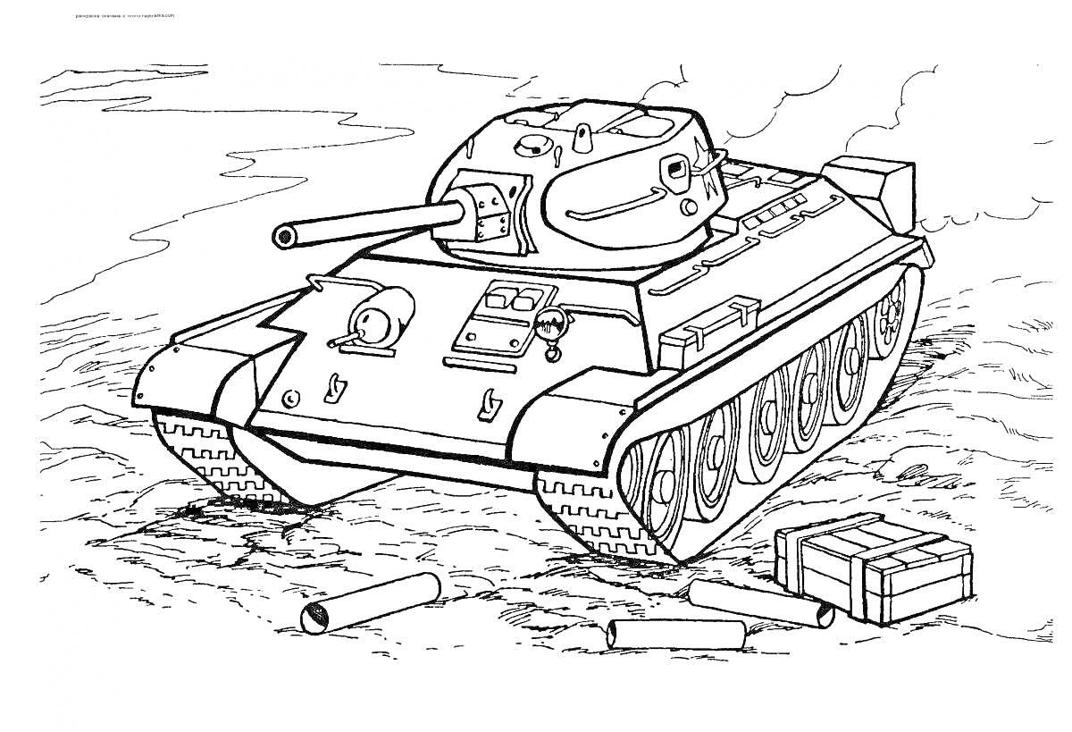 На раскраске изображено: Т-34-85, Танк, Поле боя, Гусеницы, Люк, Пушка, Гильза, Военная техника, СССР