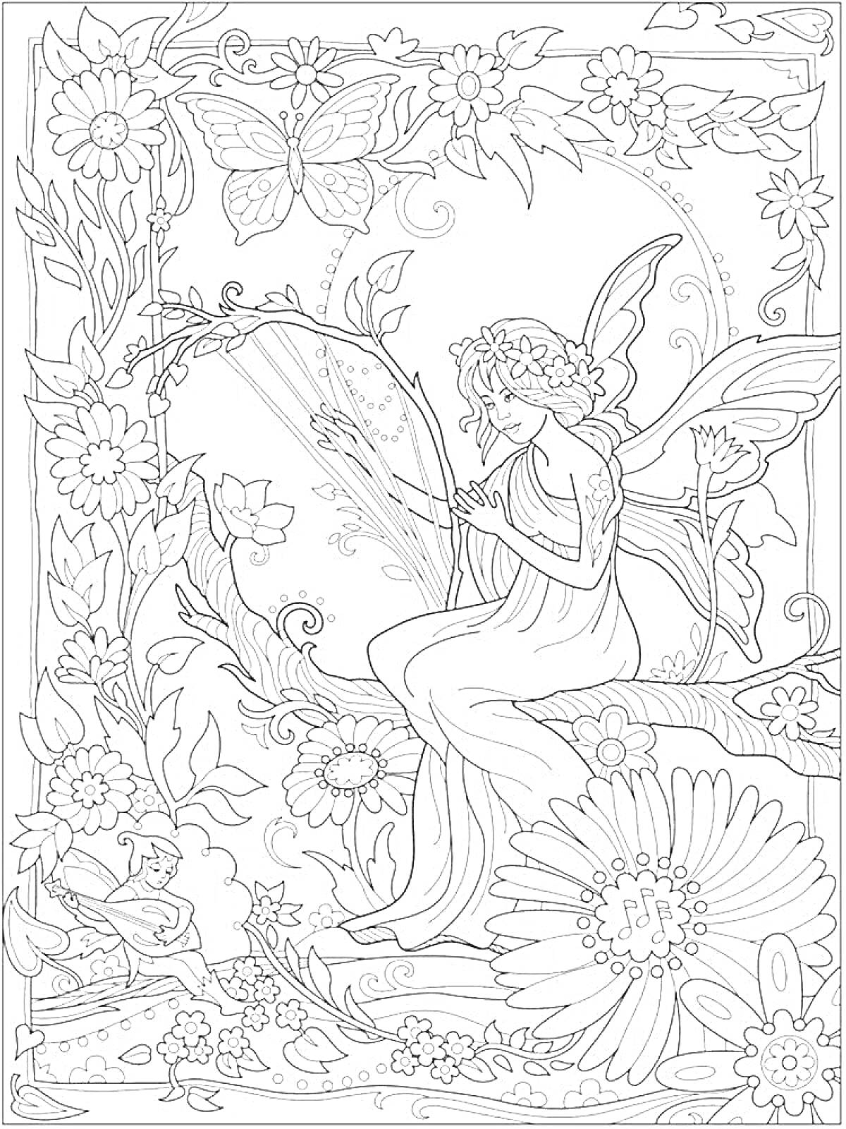 На раскраске изображено: Фея, Крылья, Сирена, Цветы, Листья, Природа, Фантазия, Лес