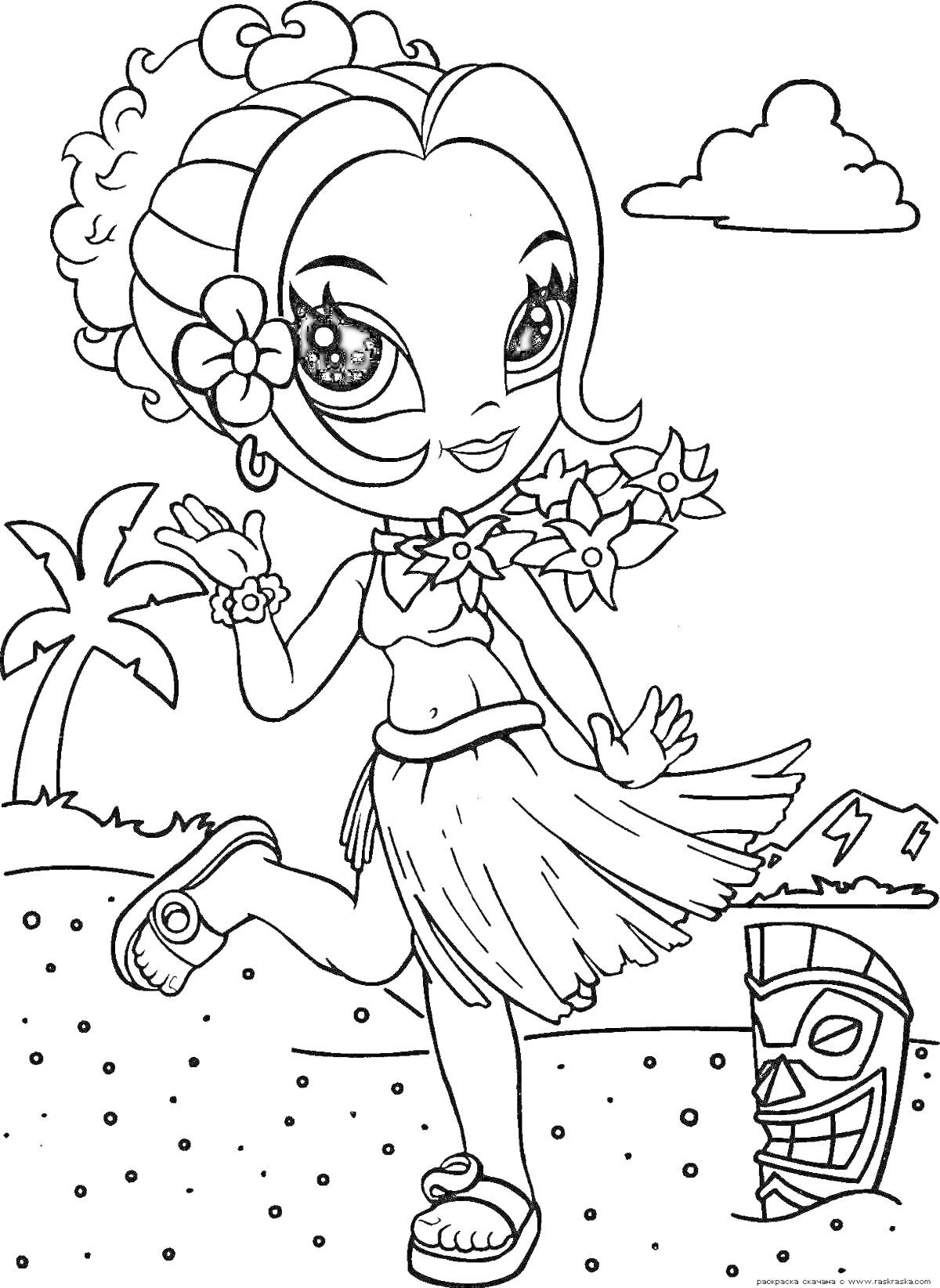 Раскраска Девочка в гавайской юбке у моря с пальмой и маской тики