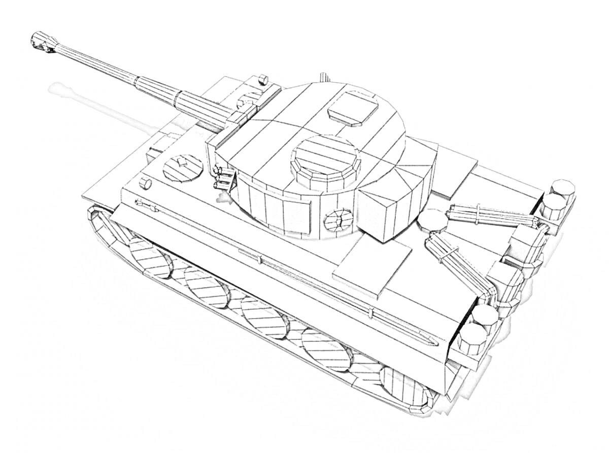 На раскраске изображено: Танк, Белый тигр, Гусеницы, Ствол, Броня