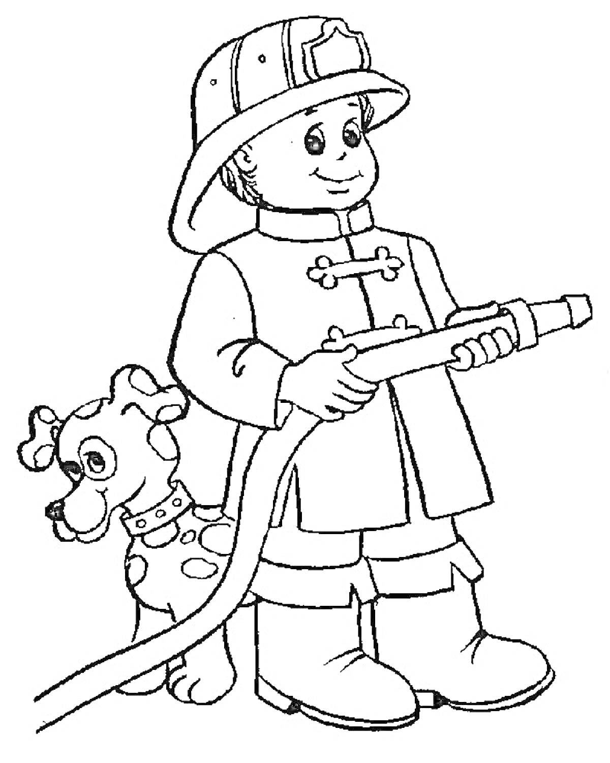 Раскраска Пожарный с собакой, держащий рукав