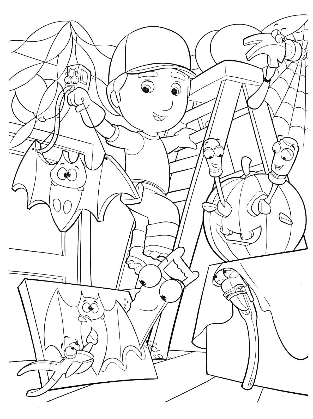 Умелец Мэнни украшает комнату для Хэллоуина с инструментами и летучими мышами