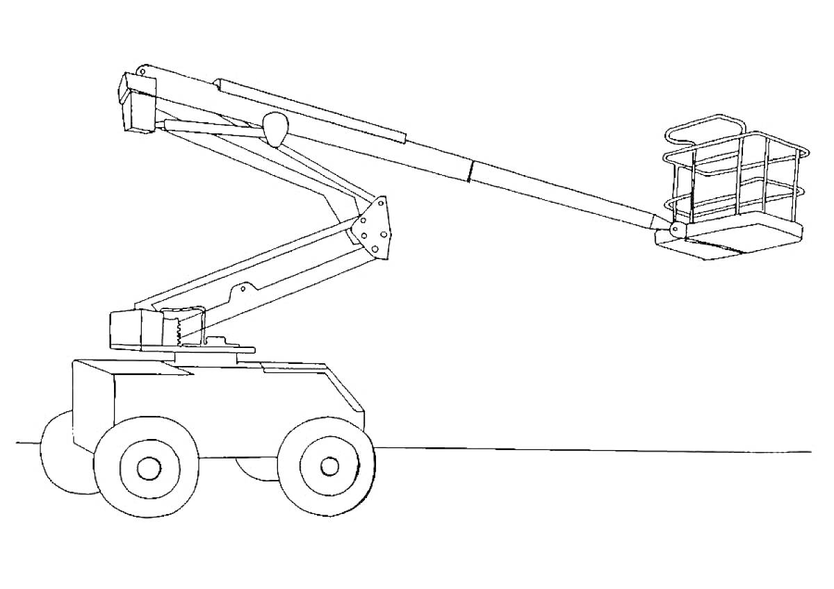 Раскраска Кран-автовышка с подъемной платформой на четырехколесном шасси
