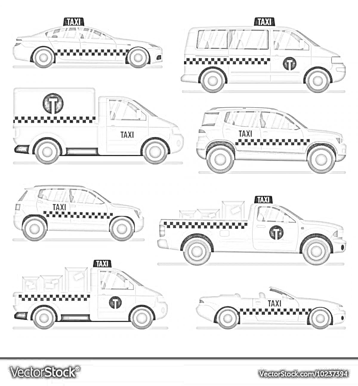 Раскраска Черно-белая раскраска с восьмью типами автомобилей такси — седан, минивэн, фургон, внедорожник, пикап и кабриолет с различными цветами и деталями