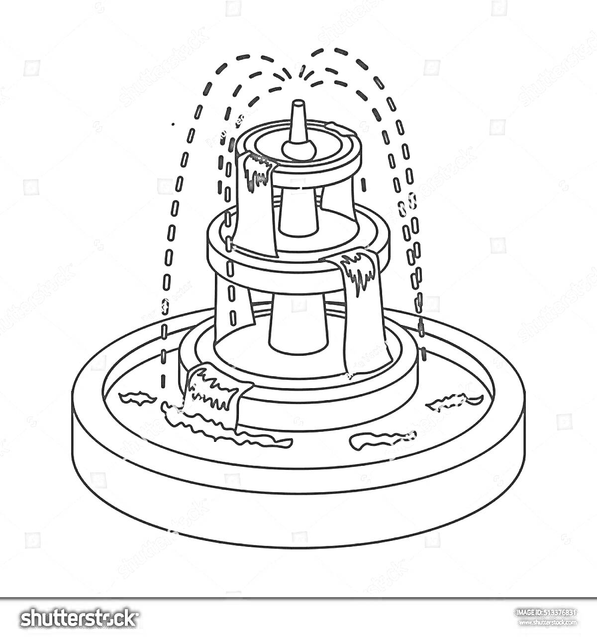 Раскраска Фонтан для детей с двумя ярусами и струями воды