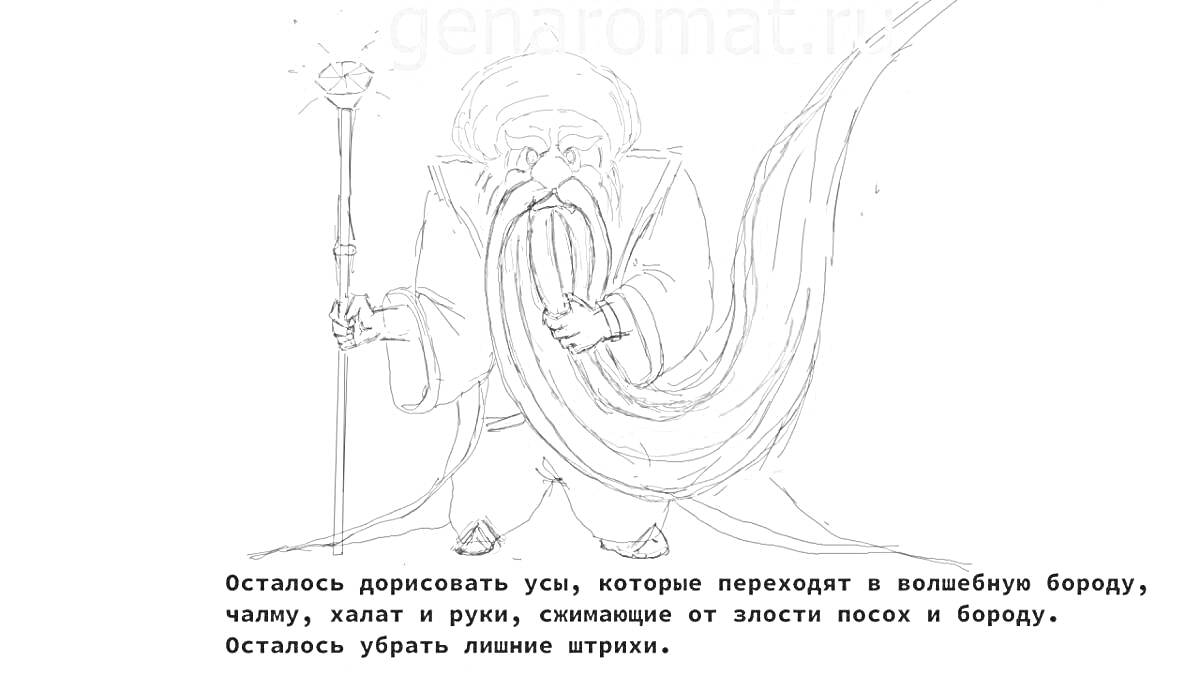 На раскраске изображено: Черномор, Руслан и людмила, Длинная борода, Халат, Персонаж, Зло, Магия