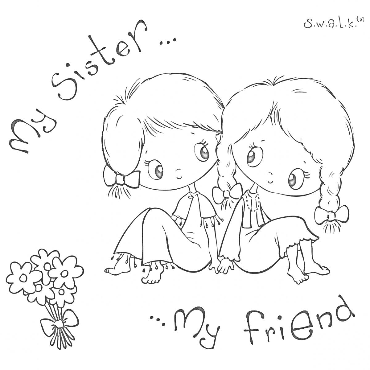 Раскраска Девочки-сестры с букетом цветов, держащиеся за руки