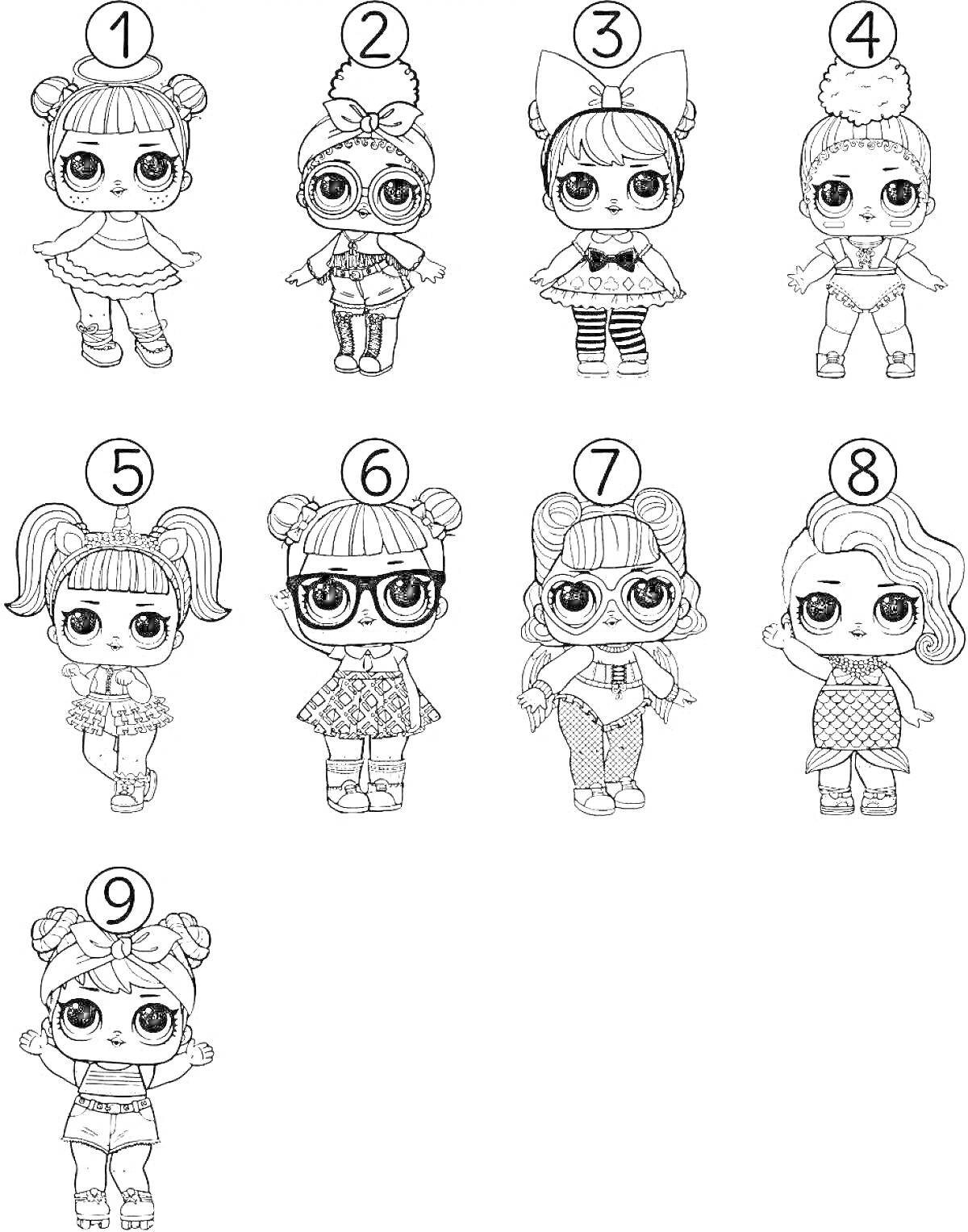 Раскраска Девять персонажей ЛОЛ: девочка с бантом и юбкой, девочка в очках и с двумя пучками, девочка с сердечками на одежде и ушами, девочка в короткой юбке и хвостиках, девочка с двумя хвостиками и юбкой, девочка в свитере и очках, девочка с длинными косичками и 