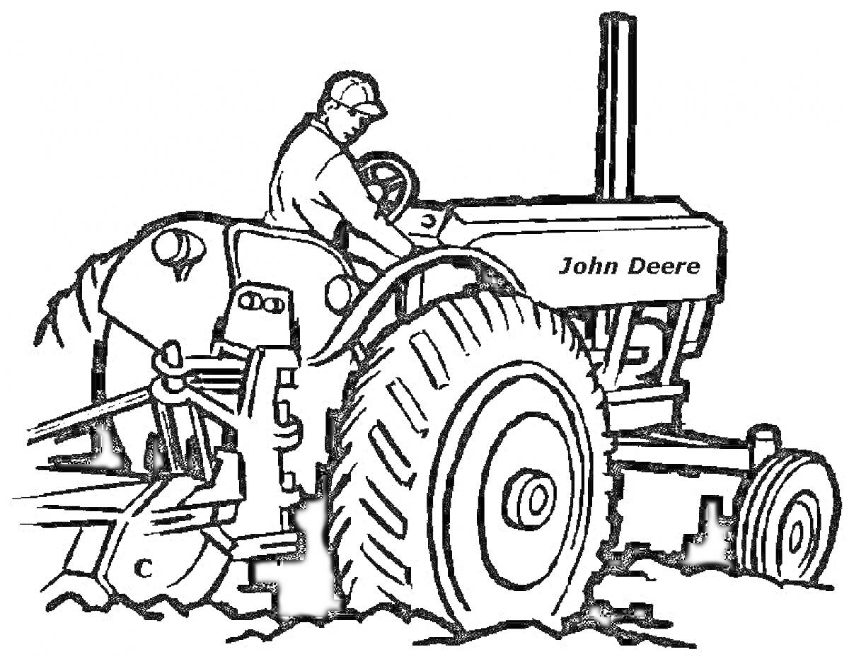 Тракторист на тракторе John Deere, вспахивающий землю