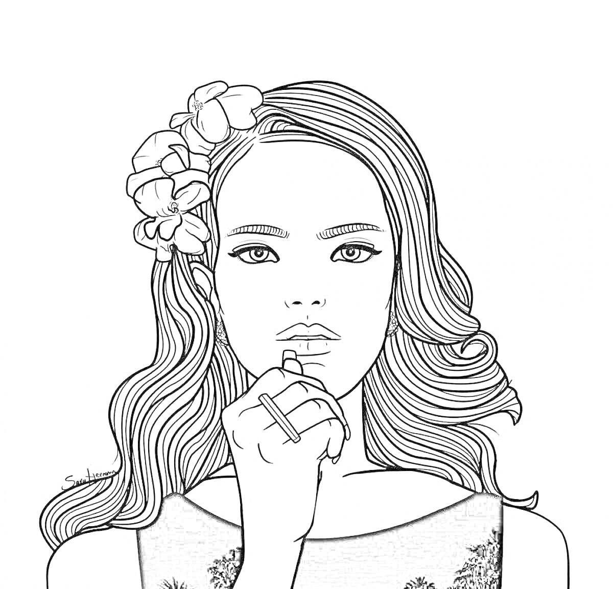 Раскраска Девушка с подкрашивающей губы помадой и цветами в волосах