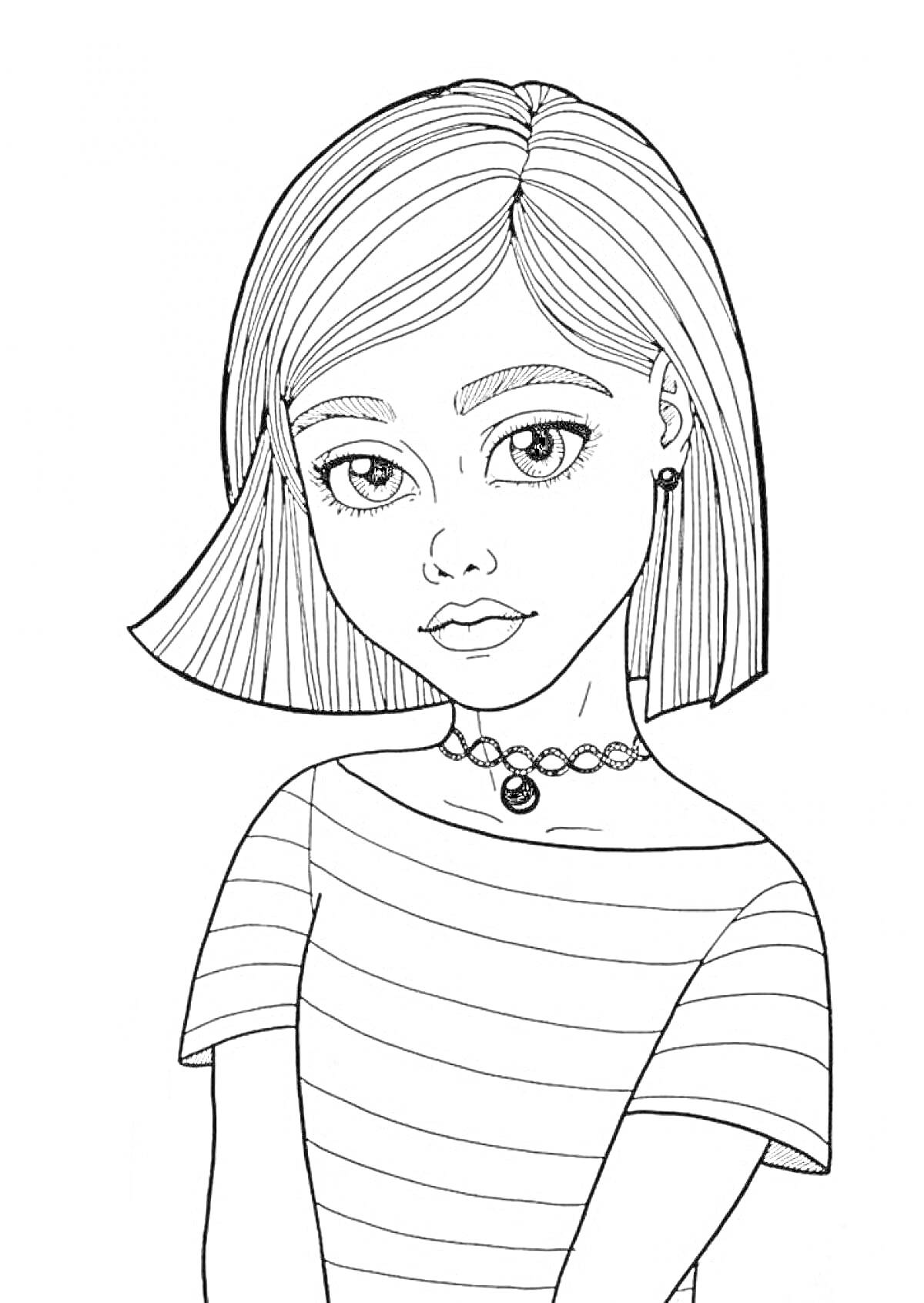 На раскраске изображено: Девочка, Короткие волосы, Полосатая футболка, Ожерелье, Для девочек, 14 лет