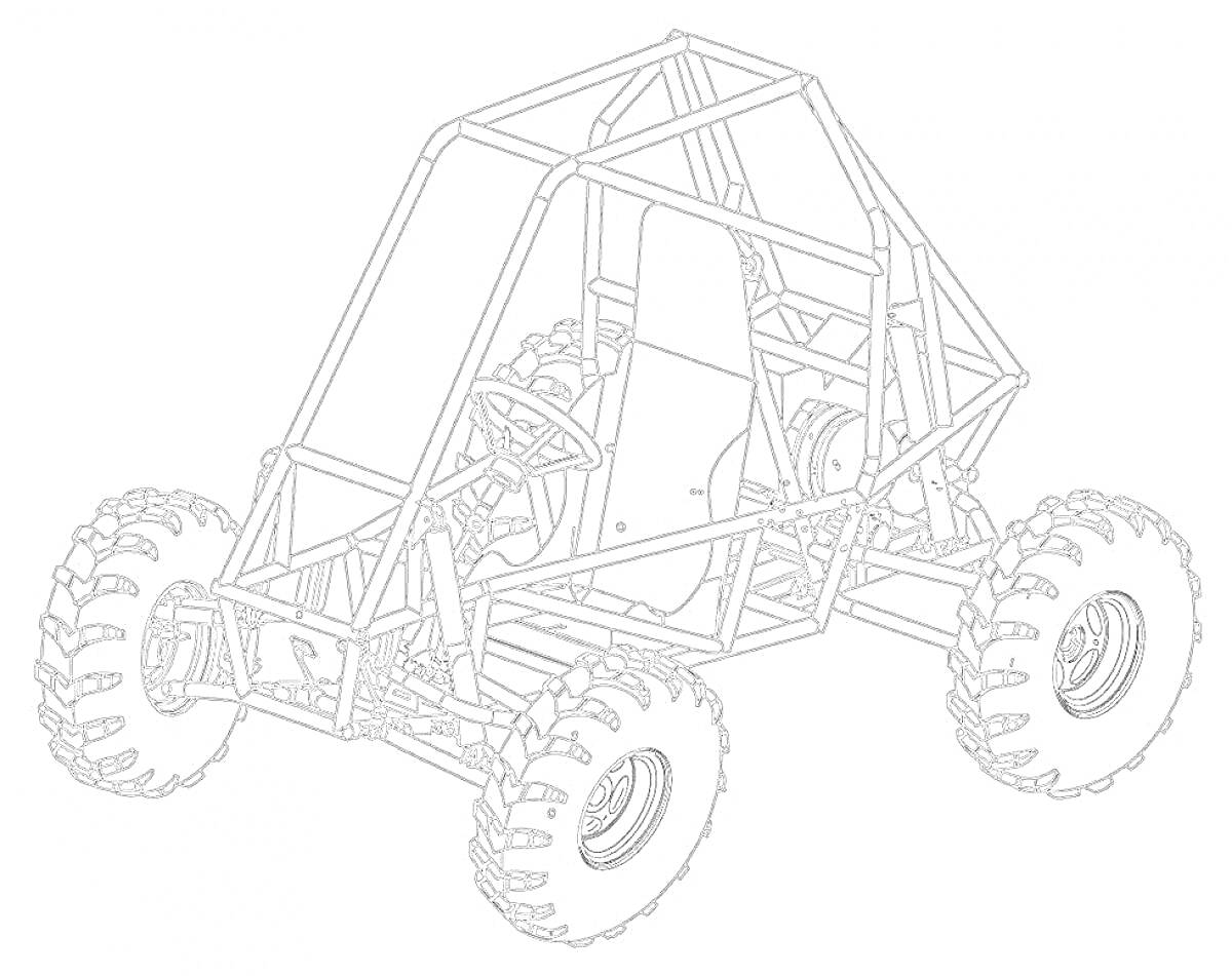 Раскраска Багги с каркасом, рулевым колесом и шинами