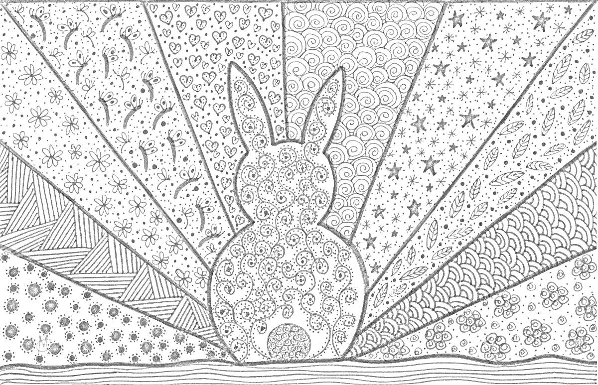 Раскраска Раскраска антистресс - зайчик с узорами, сердцами, спиралями, волнами, звездами, зигзагами, точками и линиями