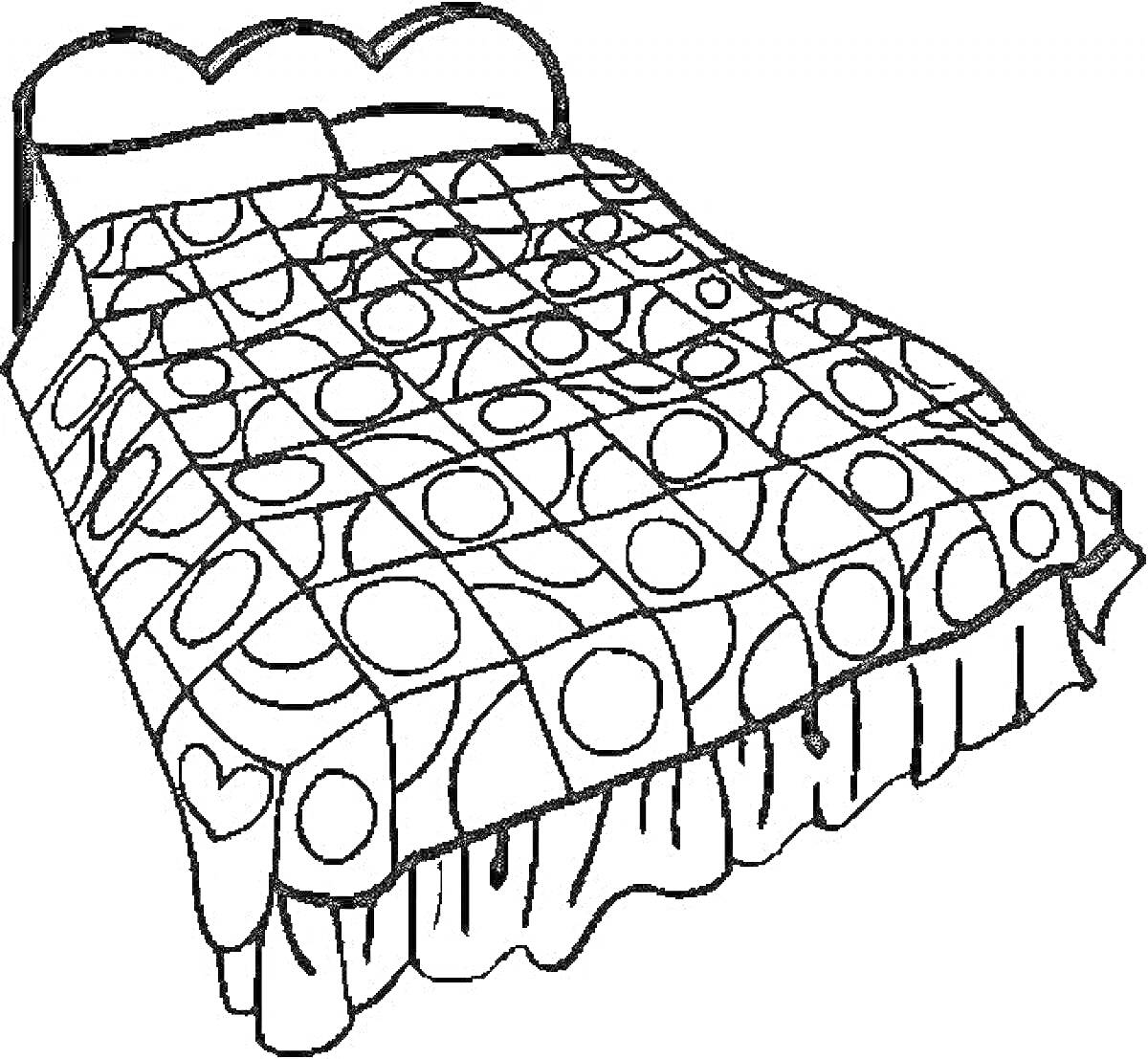 Раскраска кровать с подушками и покрывалом с узором