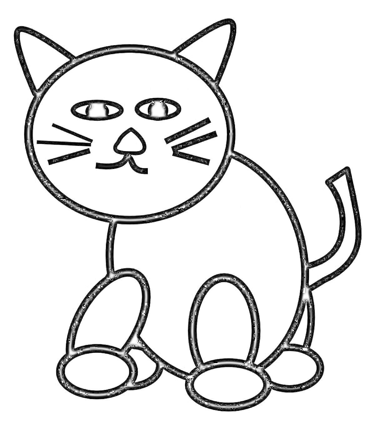 Раскраска Раскраска с черной кошкой, изображена сидящая кошка с большими глазами, вытянутыми ушами и загнутым хвостом.