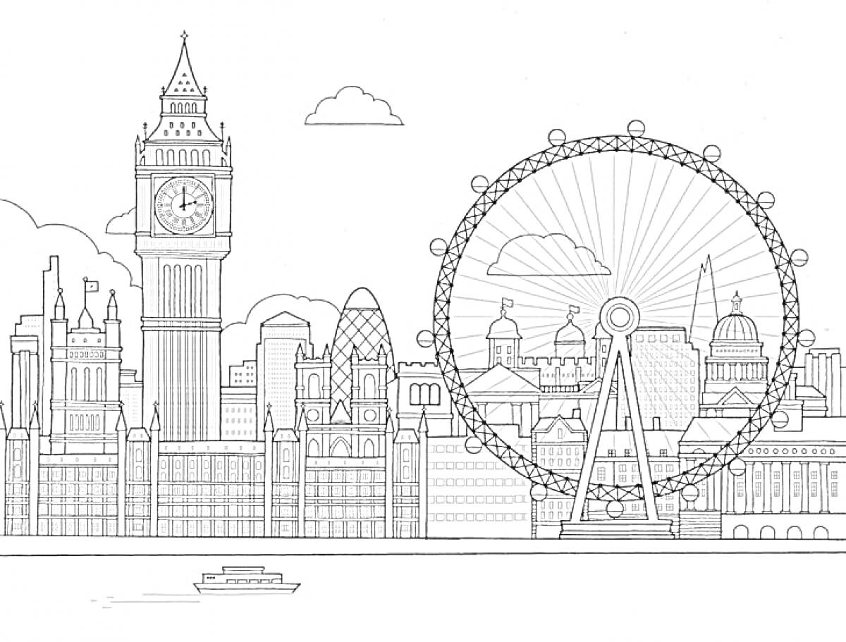 Лондонский городской пейзаж с Биг-Беном, Лондонским глазом и городской архитектурой