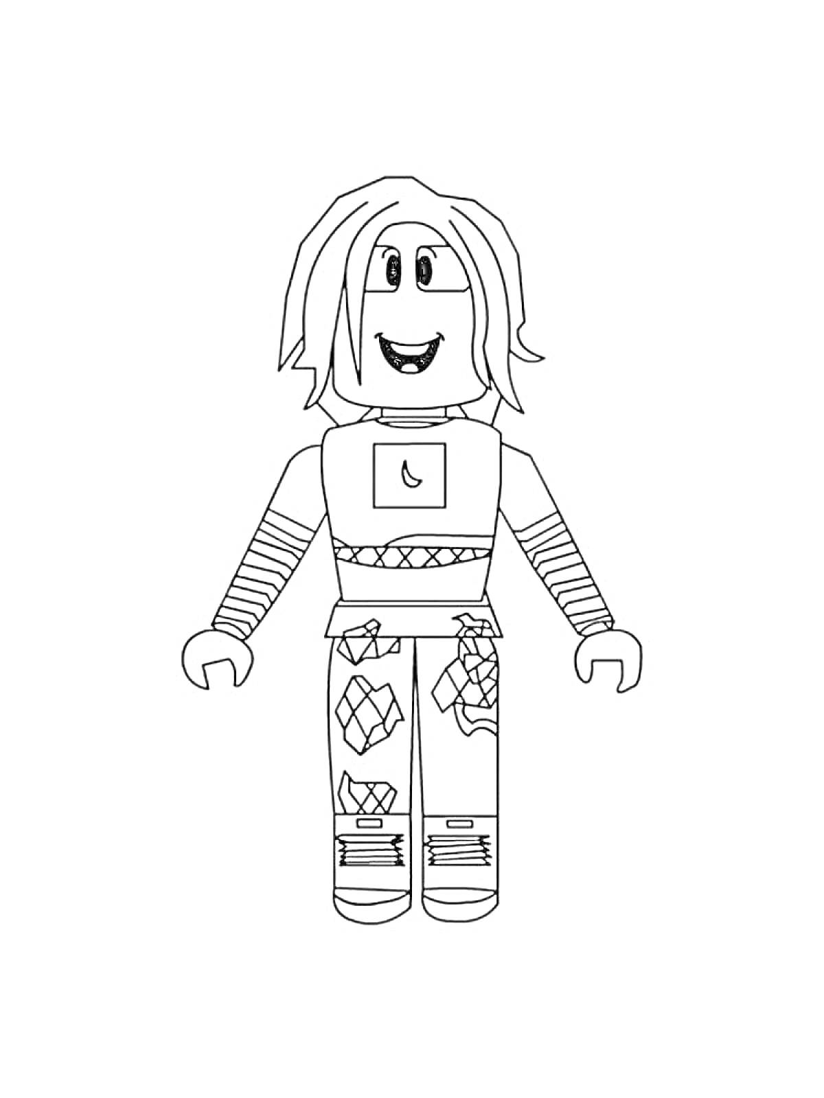 Раскраска Персонаж Roblox с длинными волосами и узорами на одежде