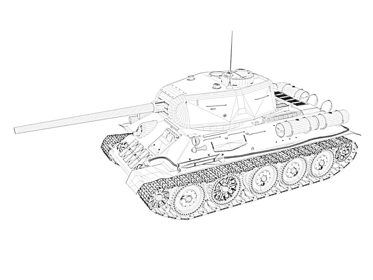 На раскраске изображено: Т-34, Танк, Гусеницы, Пушка, Бронетехника, Военная техника