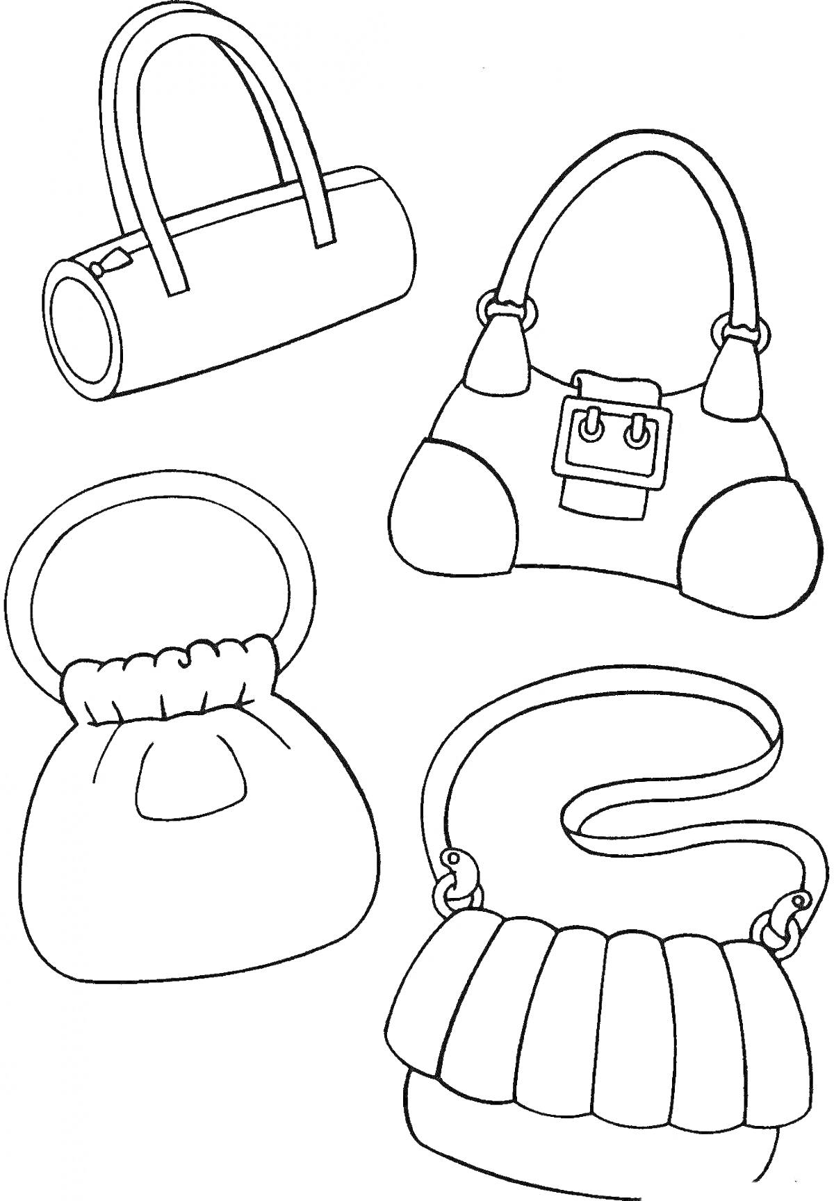Раскраска Сумочки для девочек: цилиндрическая сумка, сумка с пряжкой, круглая сумочка, сумка с длинным ремешком