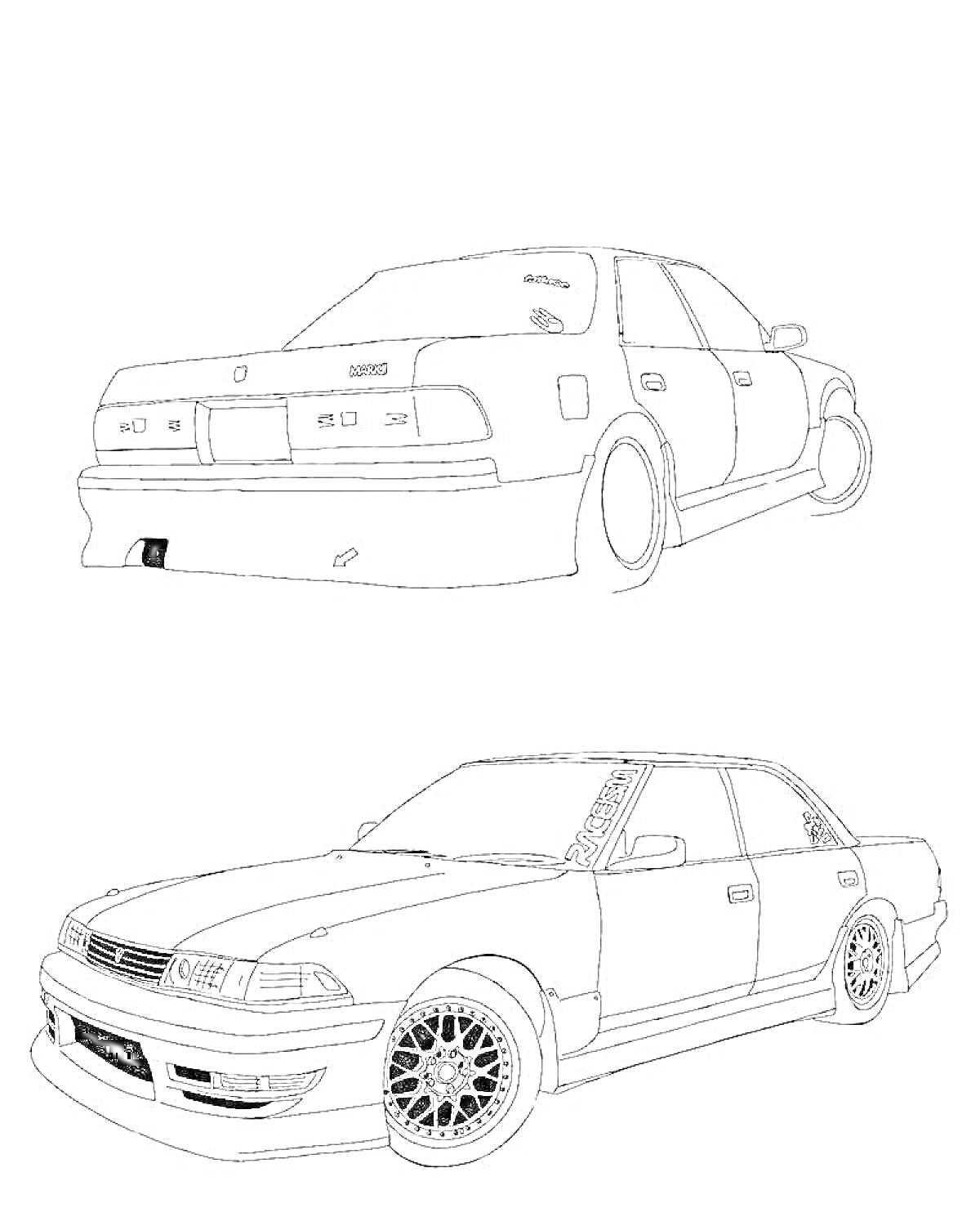 Раскраска Легковой автомобиль в двух проекциях (сзади и спереди), спортивные диски