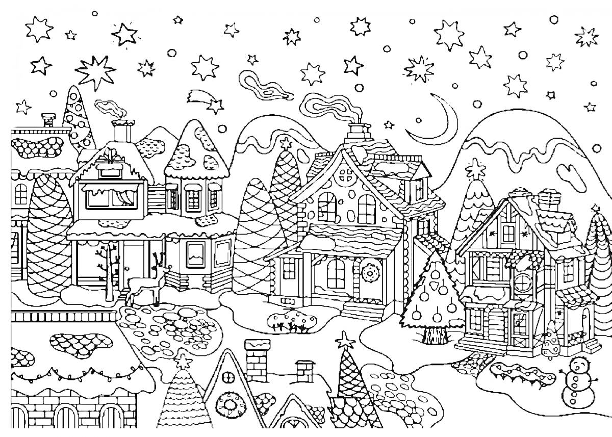 Раскраска Новогодний домик в зимней деревне с горами, ёлками, снеговиками, звездами и луной на фоне