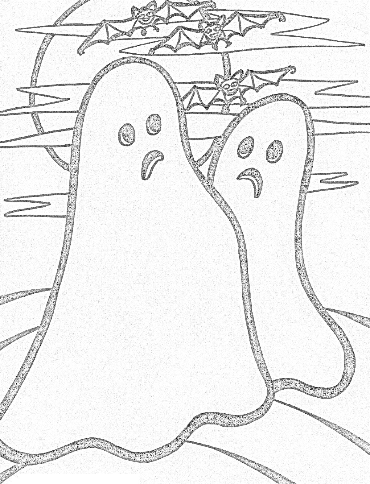 Раскраска Два привидения на фоне полной луны с летучими мышами