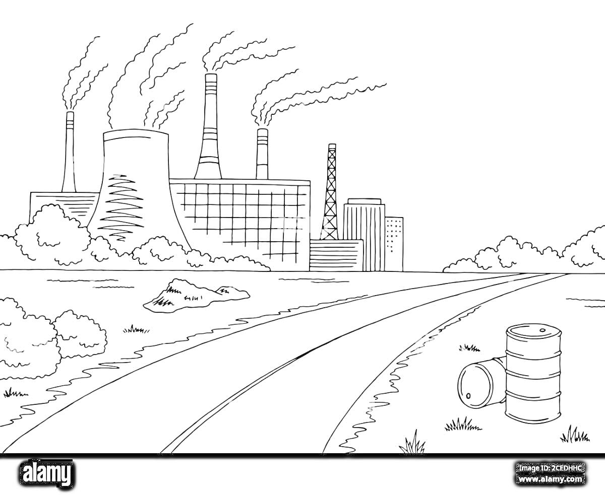 Раскраска Завод с трубами, дымом, дорогой, растительностью и бочками