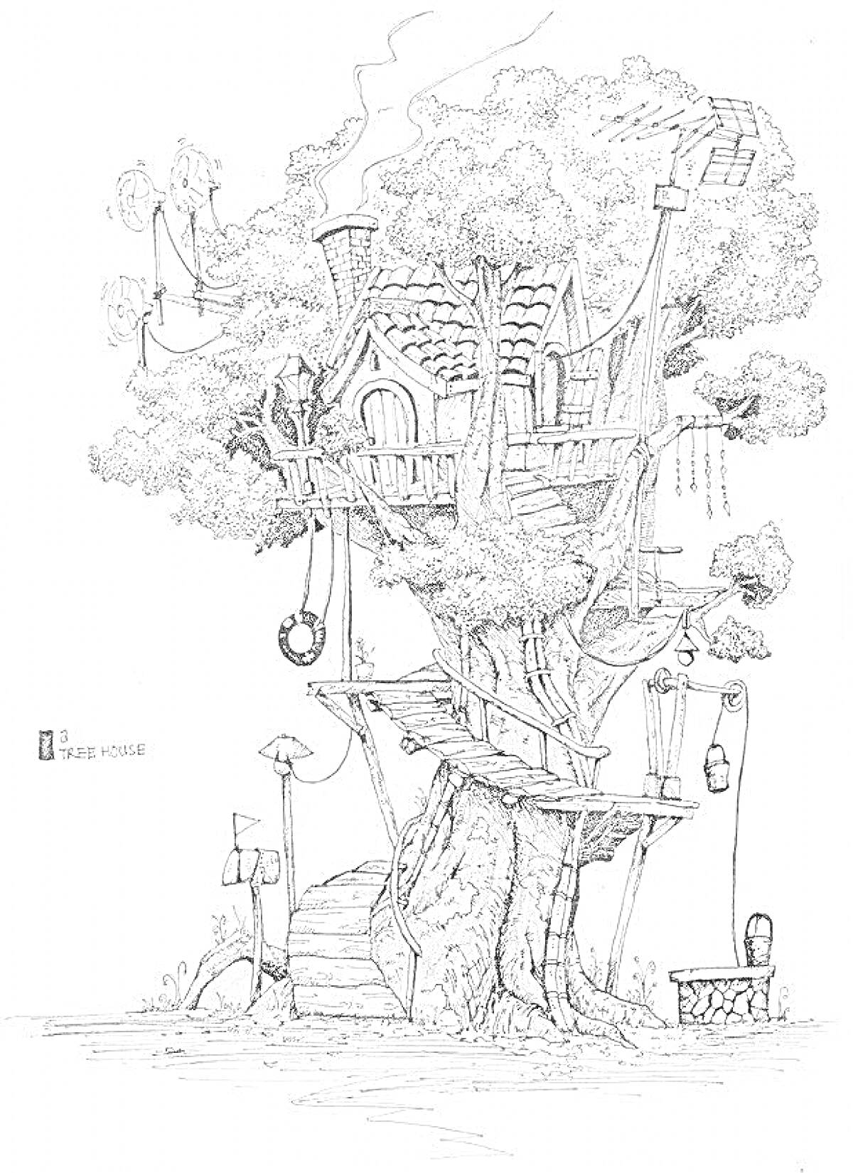 На раскраске изображено: Дом на дереве, Дом, Лестница, Качели, Крыльцо, Колодец, Природа